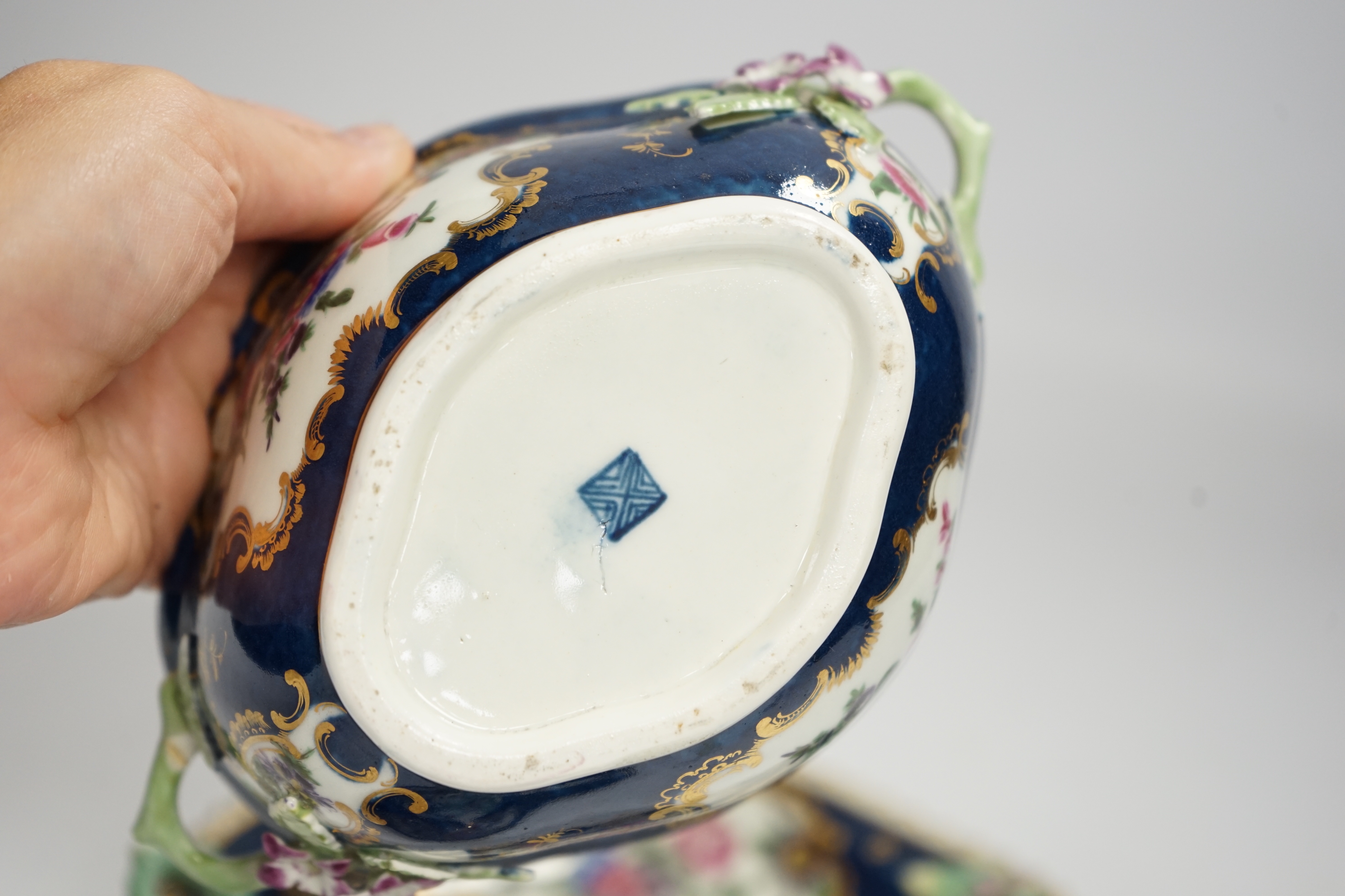 A Worcester scale blue tureen and cover on stand, c.1765-70, 21cm wide